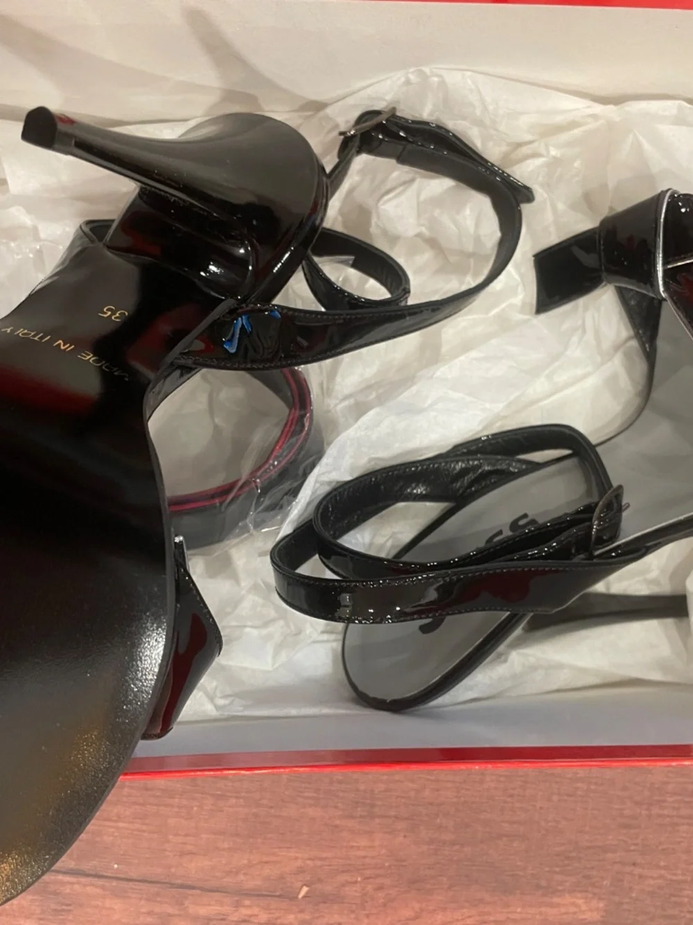 FUSS Black Ankle Strap Heels with Two Different Bows